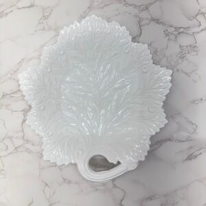 Vintage Fenton Milk Glass Leaf Serving Dish Handle 50s Art Glass Serving Platter